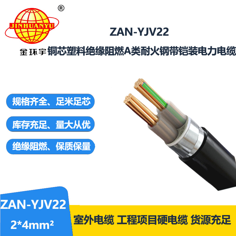 金環(huán)宇電線電纜 阻燃耐火鎧裝電纜ZAN-YJV22-2X4平方 電力電纜yjv